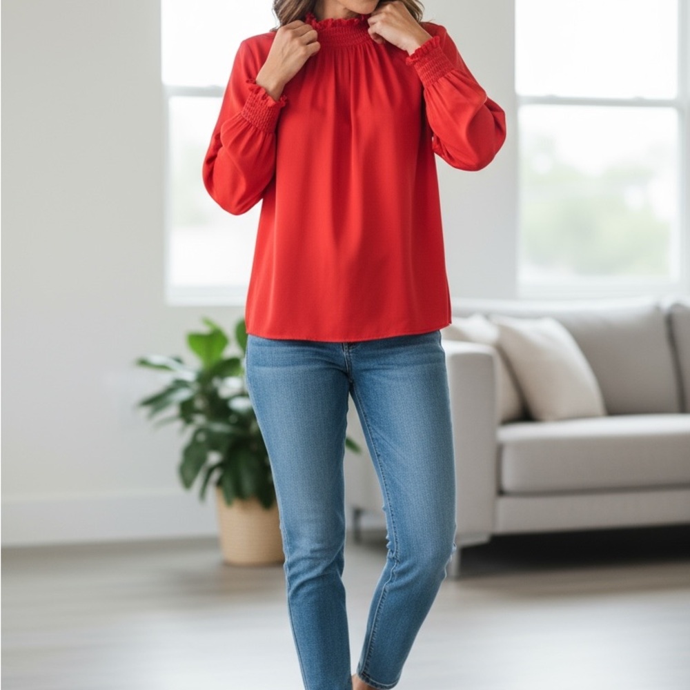 Worthington Satin Blouse Smocked Mock Neck Flared Cuff Long SL Red Top PXL